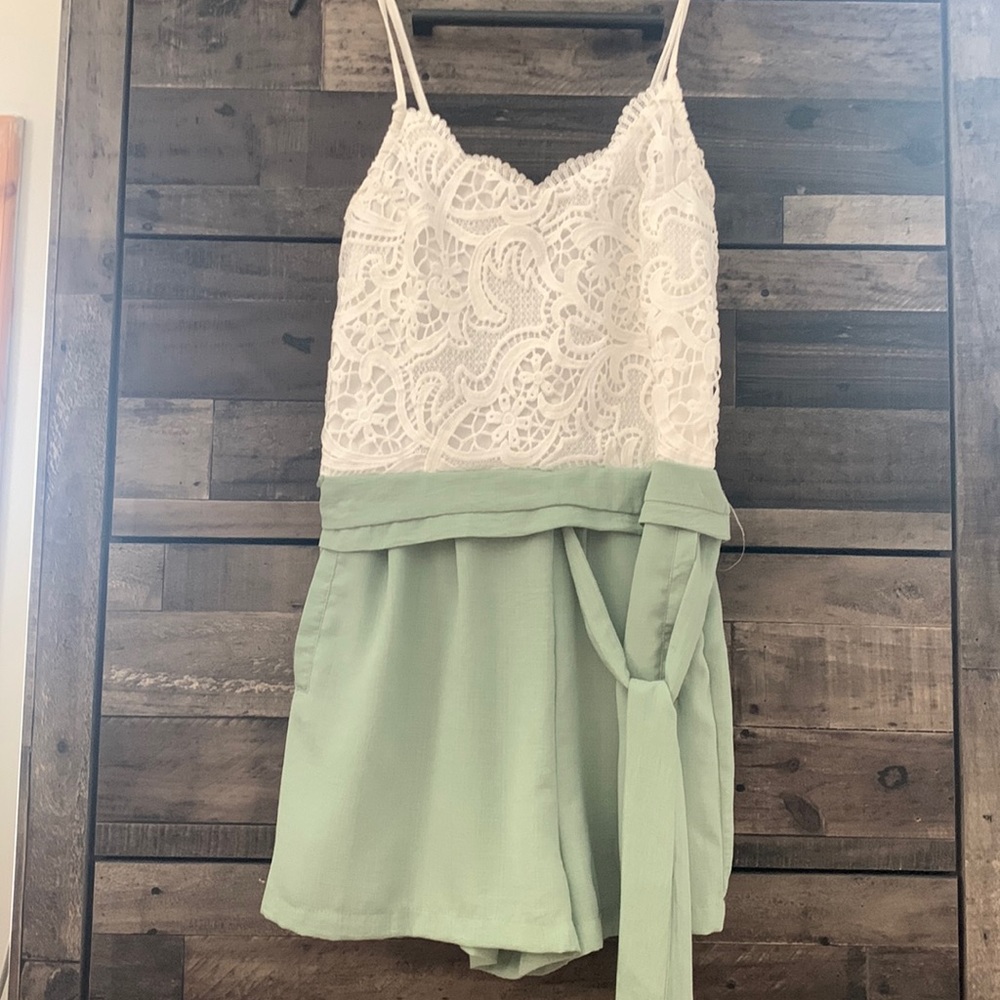 Sage green and white Romper.